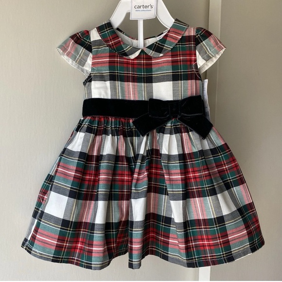 Carters Dress Size 6 Months 2 Piece NWT Plaid Red Green Black Velvet Bow Holiday - Picture 1 of 12